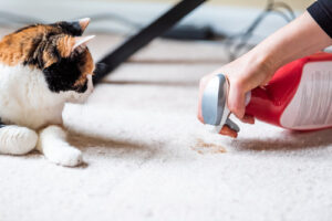 female-pet-owner-cleaning-vomit-stain-on-carpet-while-cat-lays-watching-nearby